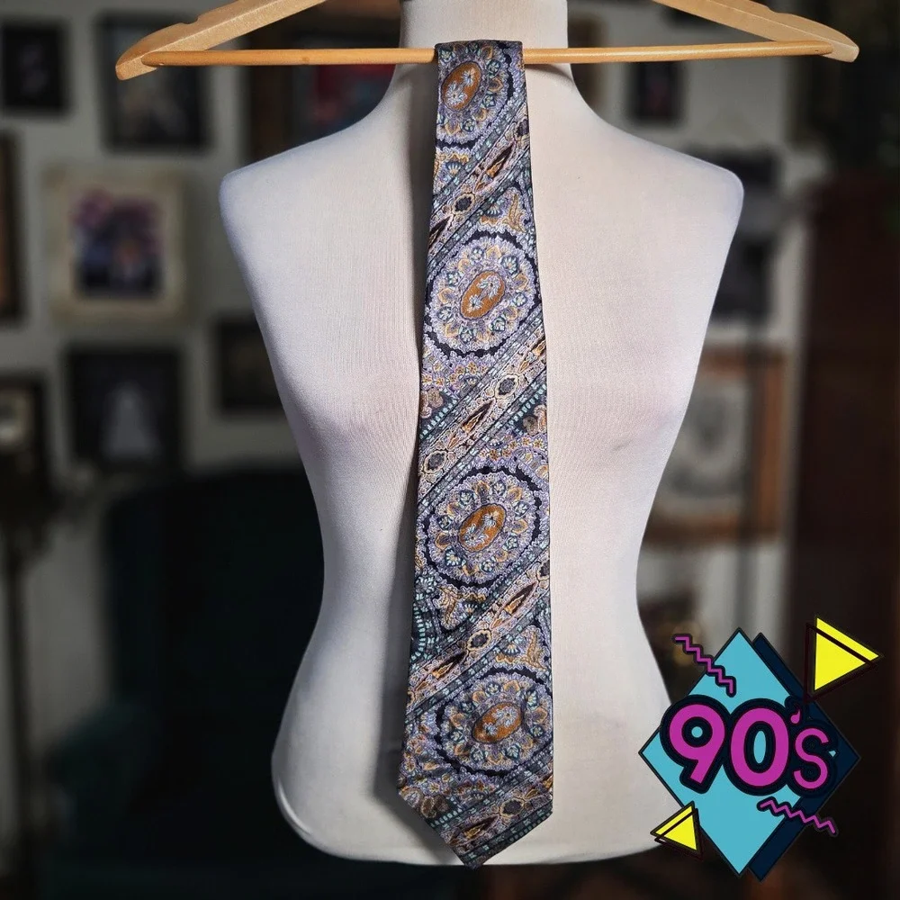 Lanvin Paris Silk Tie Vintage 90s Mens Paisley Medallion Purple Gold Designer